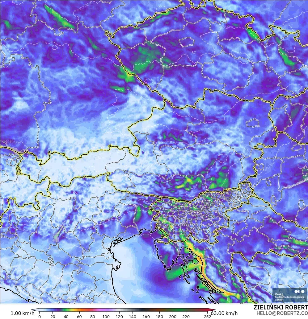 ALADIN CZ 2.3 km model - Austria, Hembusan Tertinggi