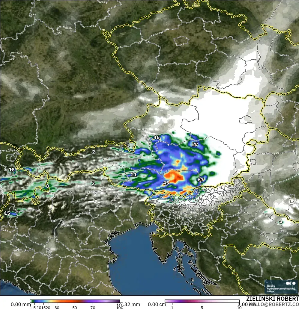 ALADIN CZ 2.3 km model - Austria, Hujan, Awan dan Tekanan