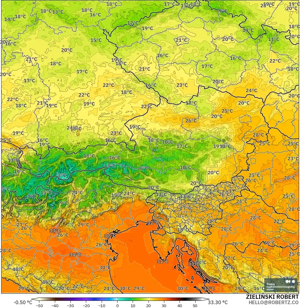 ALADIN CZ 2.3 km model - Austria, Suhu pada 2 m