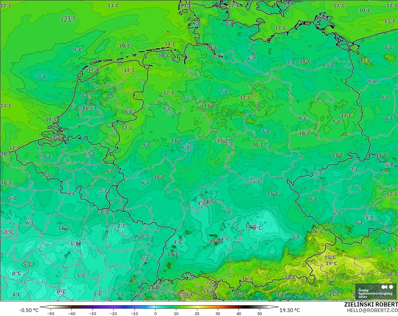 ALADIN CZ 2.3 km model - Jerman, Takat Embun 2 m