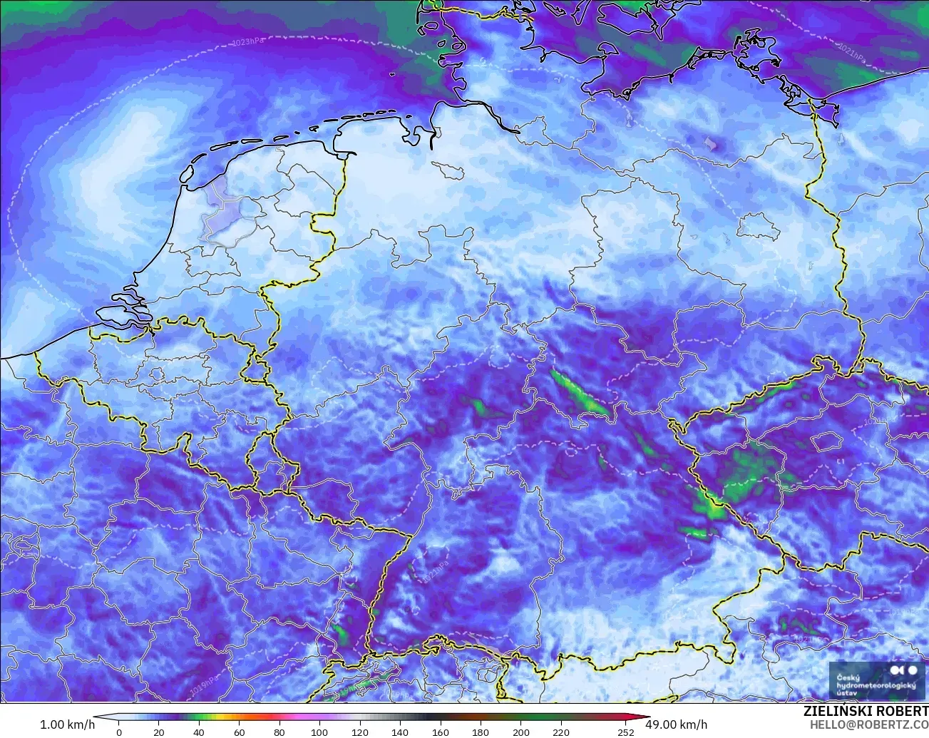 ALADIN CZ 2.3 km model - Jerman, Hembusan Tertinggi