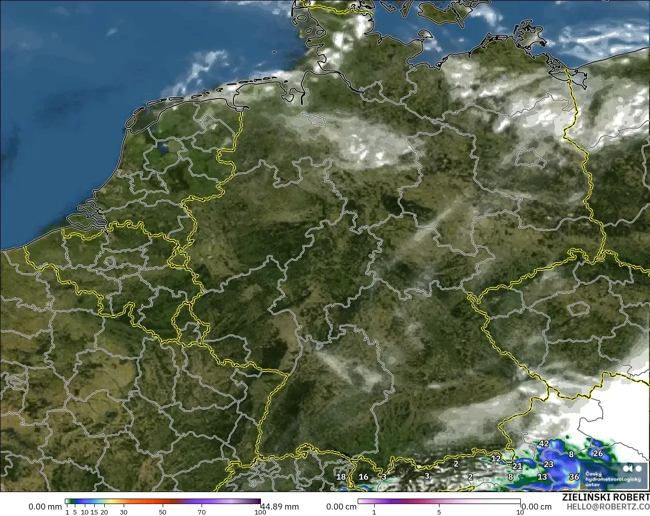 ALADIN CZ 2.3 km model - Jerman, Hujan, Awan dan Tekanan