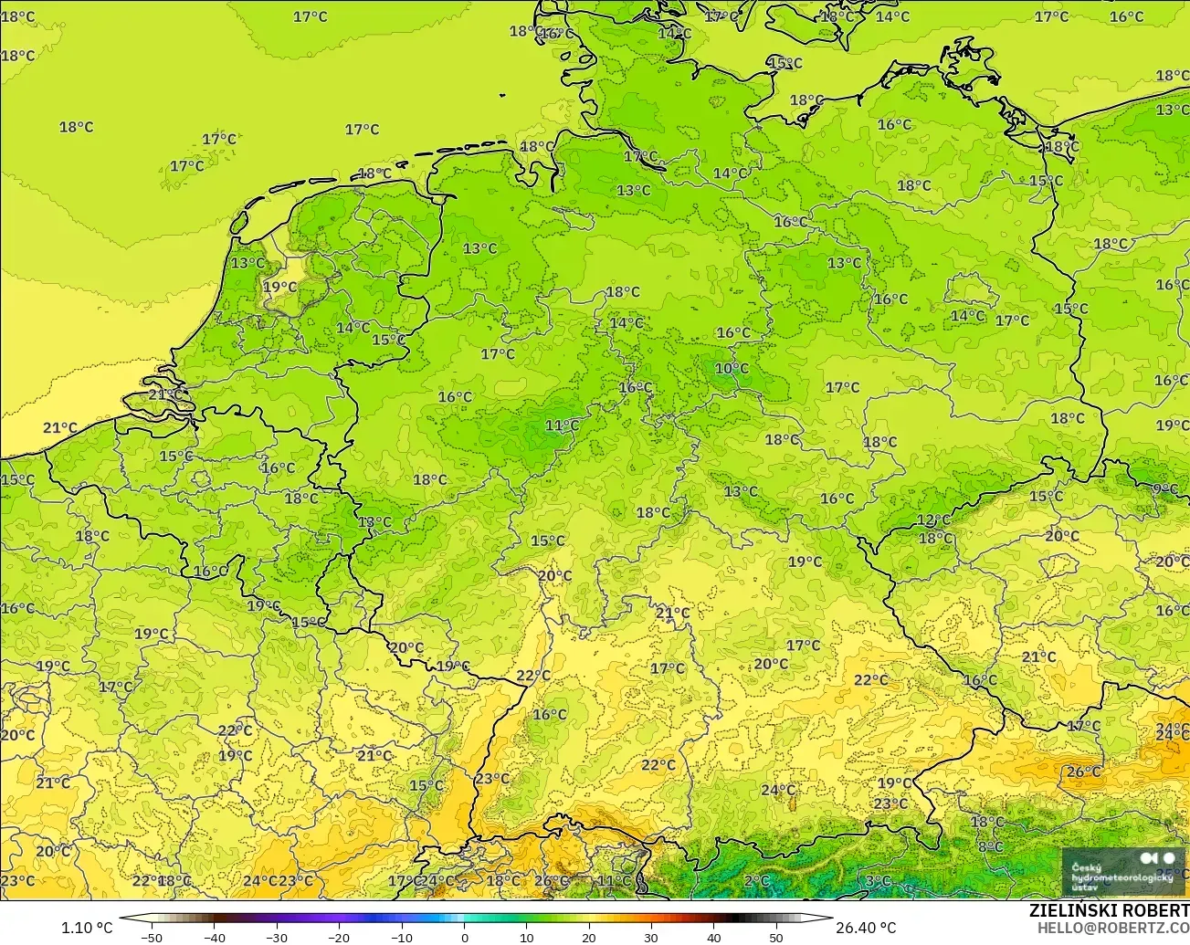 ALADIN CZ 2.3 km model - Jerman, Suhu pada 2 m