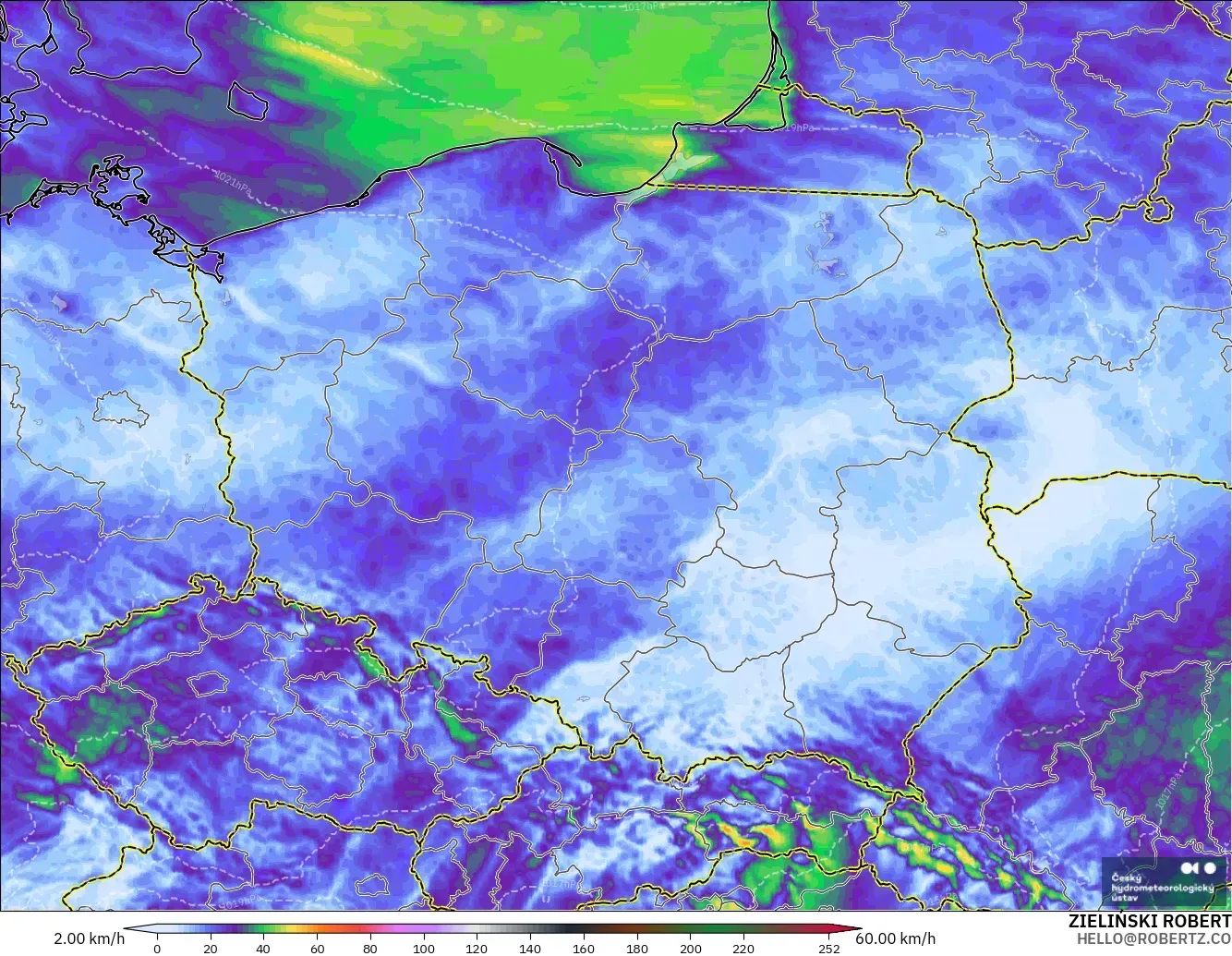 ALADIN CZ 2.3 km model - Poland, Hembusan Tertinggi