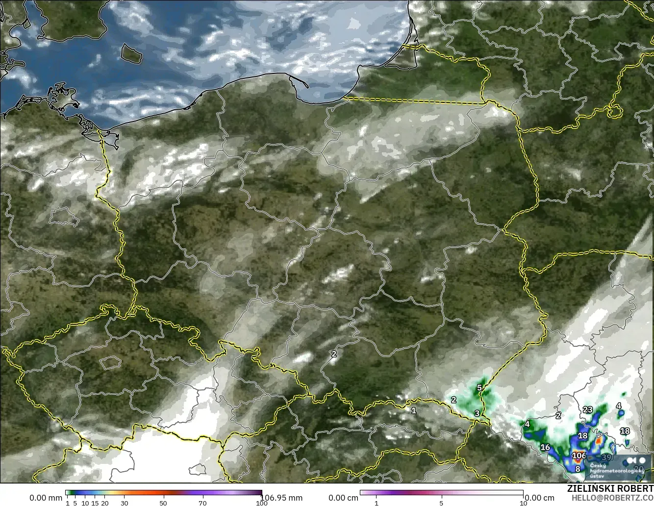 ALADIN CZ 2.3 km model - Poland, Hujan, Awan dan Tekanan