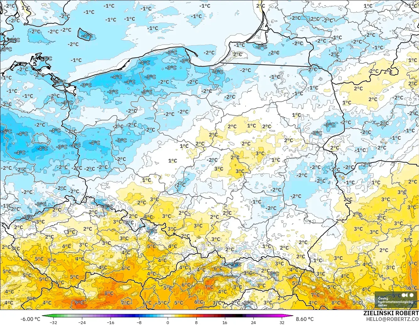 ALADIN CZ 2.3 km model - Poland, Anomali Suhu 2 m