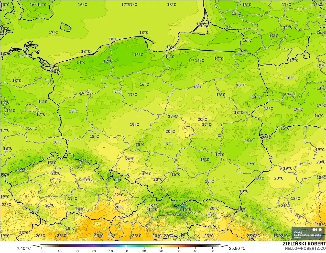 ALADIN CZ 2.3 km model - Poland, Suhu pada 2 m