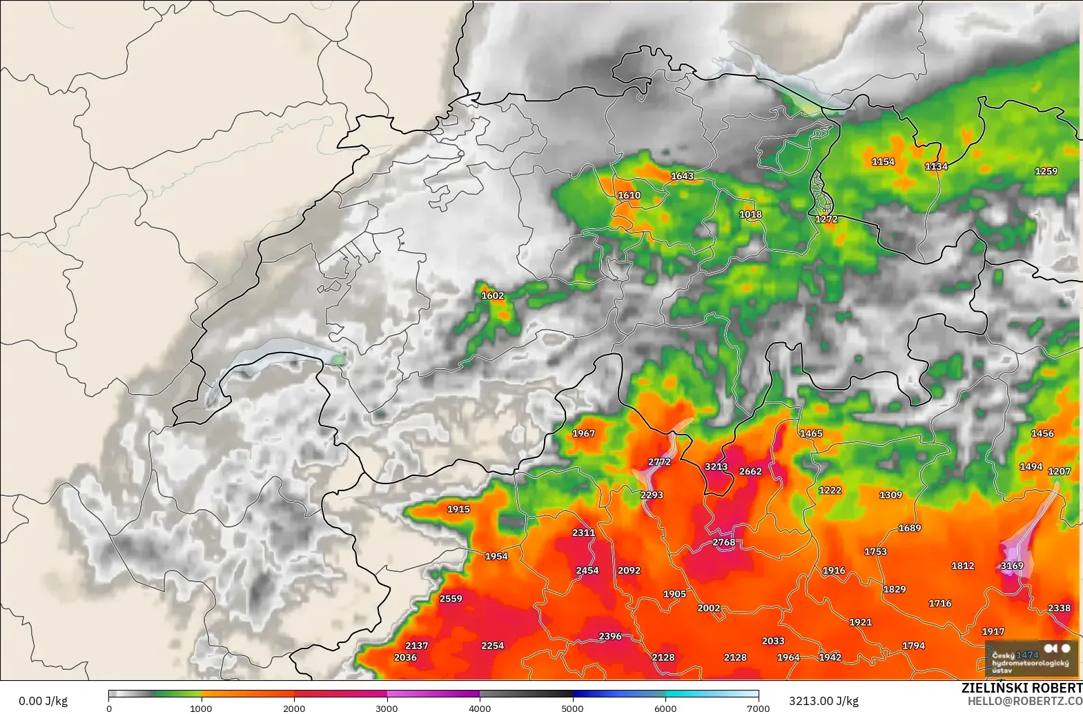ALADIN CZ 2.3 km model - Switzerland, CAPE