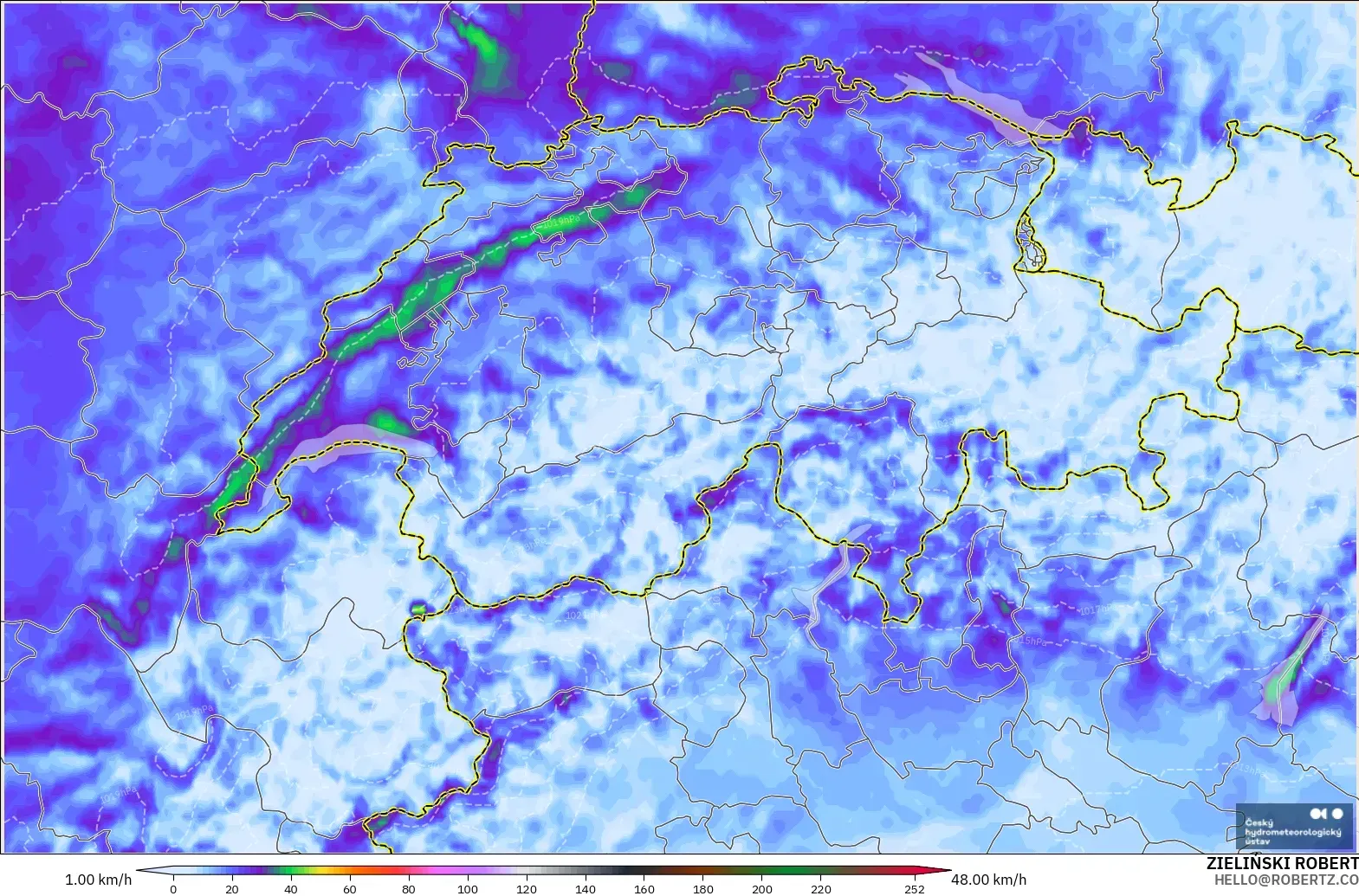 ALADIN CZ 2.3 km model - Switzerland, Hembusan Tertinggi