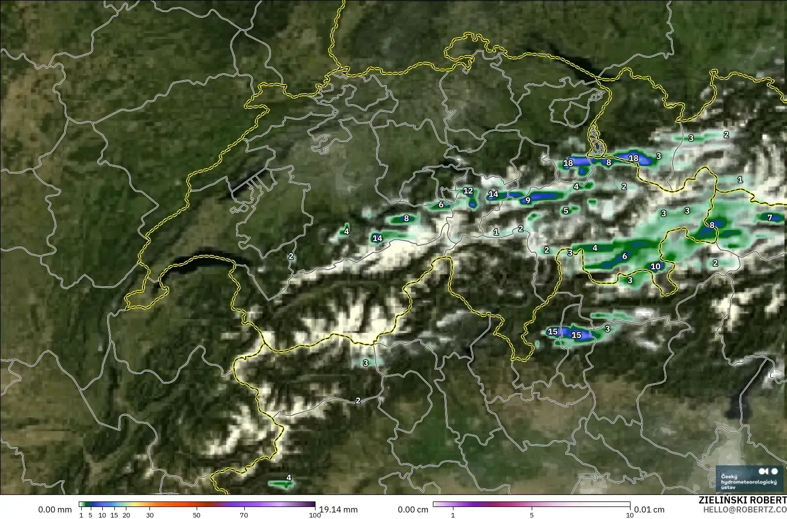 ALADIN CZ 2.3 km model - Switzerland, Hujan, Awan dan Tekanan