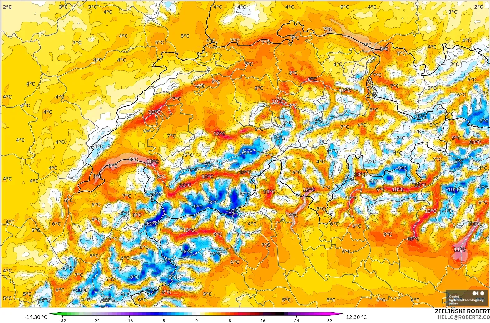 ALADIN CZ 2.3 km model - Switzerland, Anomali Suhu 2 m
