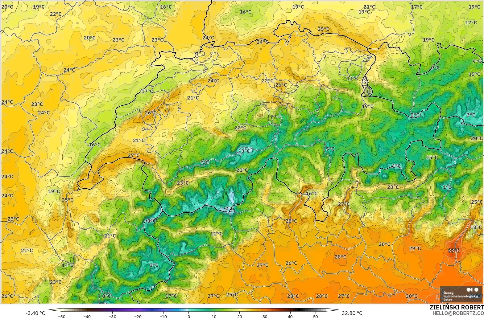 ALADIN CZ 2.3 km model - Switzerland, Suhu pada 2 m