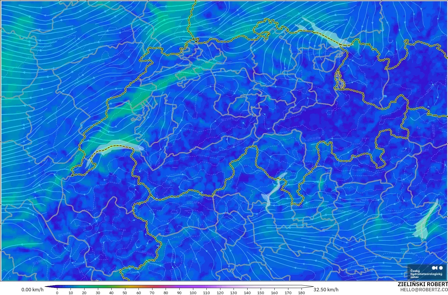 ALADIN CZ 2.3 km model - Switzerland, Angin 10 m
