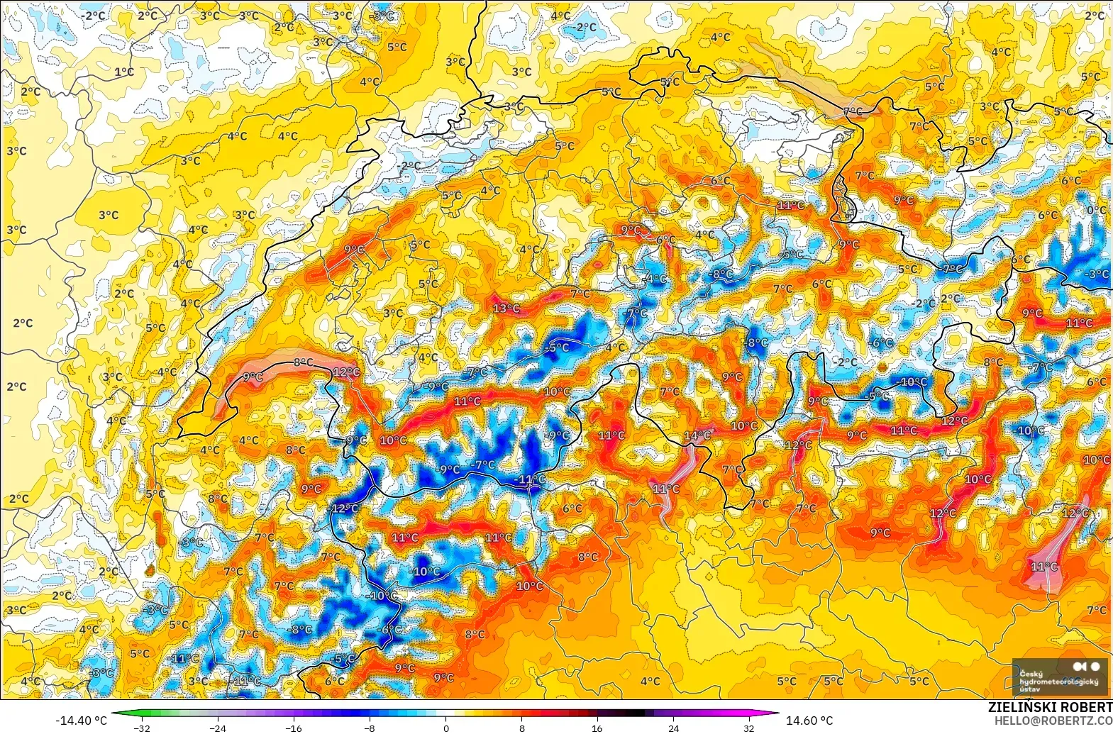 ALADIN CZ 2.3 km model - Switzerland, Anomali Suhu 2 m