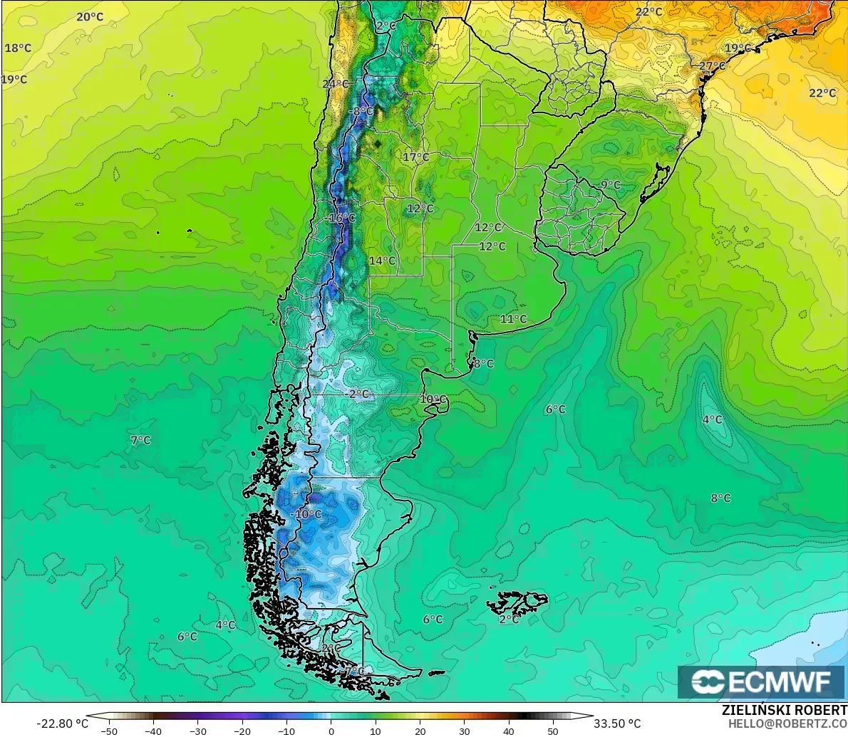 ECMWF IFS 0.25° model - Argentina, Suhu pada 2 m