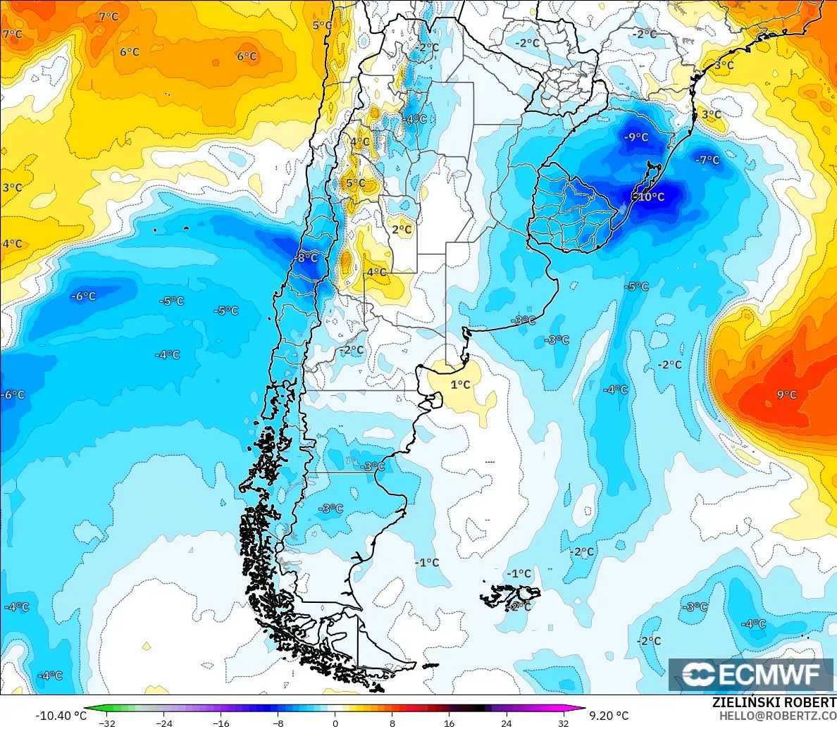 ECMWF IFS 0.25° model - Argentina, Anomali Suhu 850 hPa