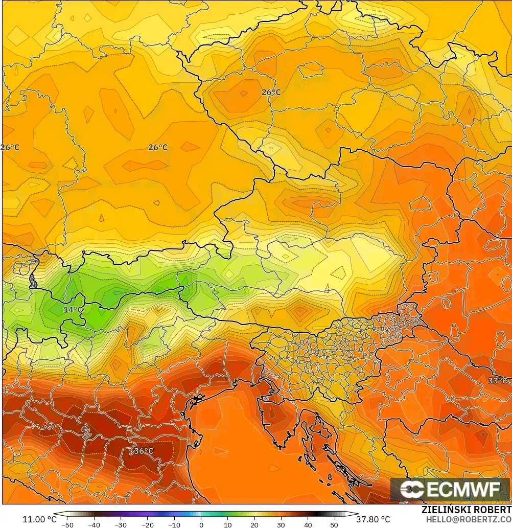 ECMWF IFS 0.25° model - Austria, Suhu pada 2 m