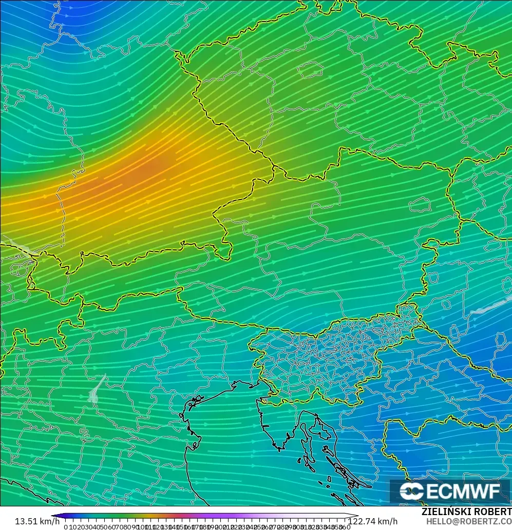 ECMWF IFS 0.25° model - Austria, Angin 300 hPa (aliran jet)