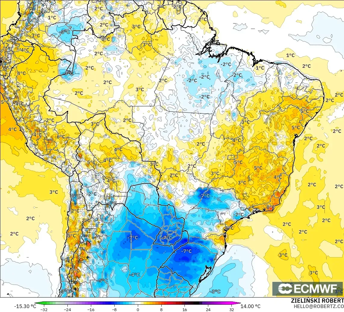 ECMWF IFS 0.25° model - Brazil, Anomali Suhu 2 m