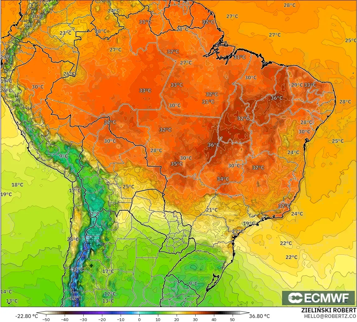 ECMWF IFS 0.25° model - Brazil, Suhu pada 2 m