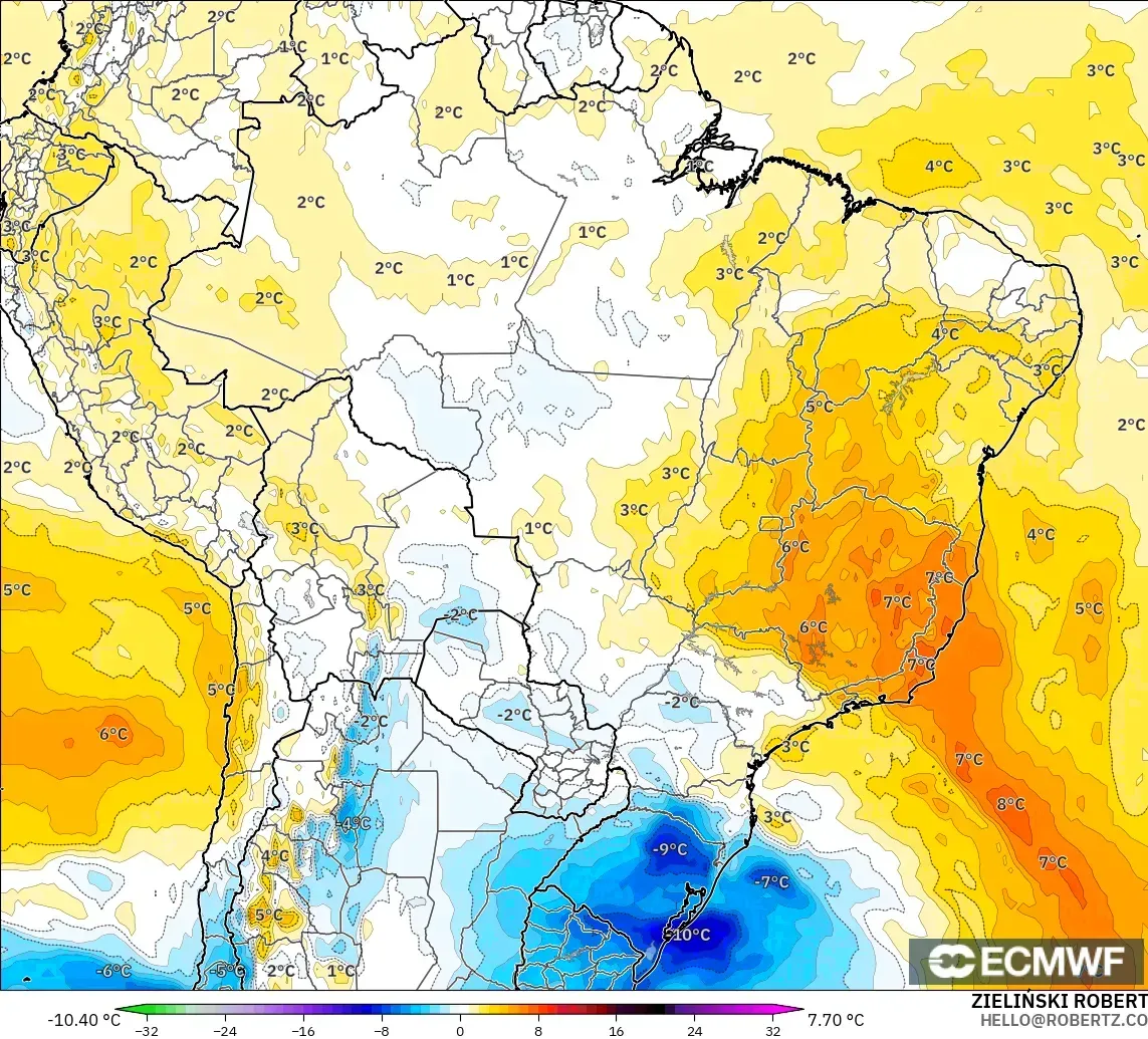 ECMWF IFS 0.25° model - Brazil, Anomali Suhu 850 hPa