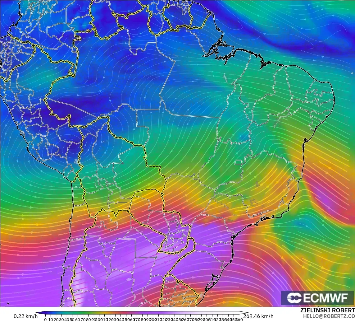 ECMWF IFS 0.25° model - Brazil, Angin 300 hPa (aliran jet)