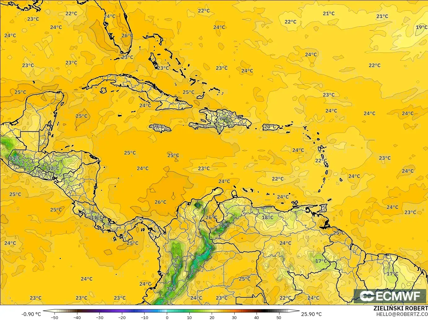 ECMWF IFS 0.25° model - Karibia, Takat Embun 2 m