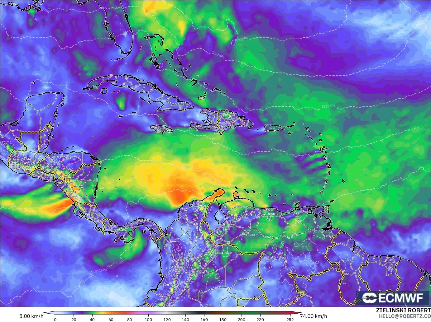 ECMWF IFS 0.25° model - Karibia, Hembusan Tertinggi