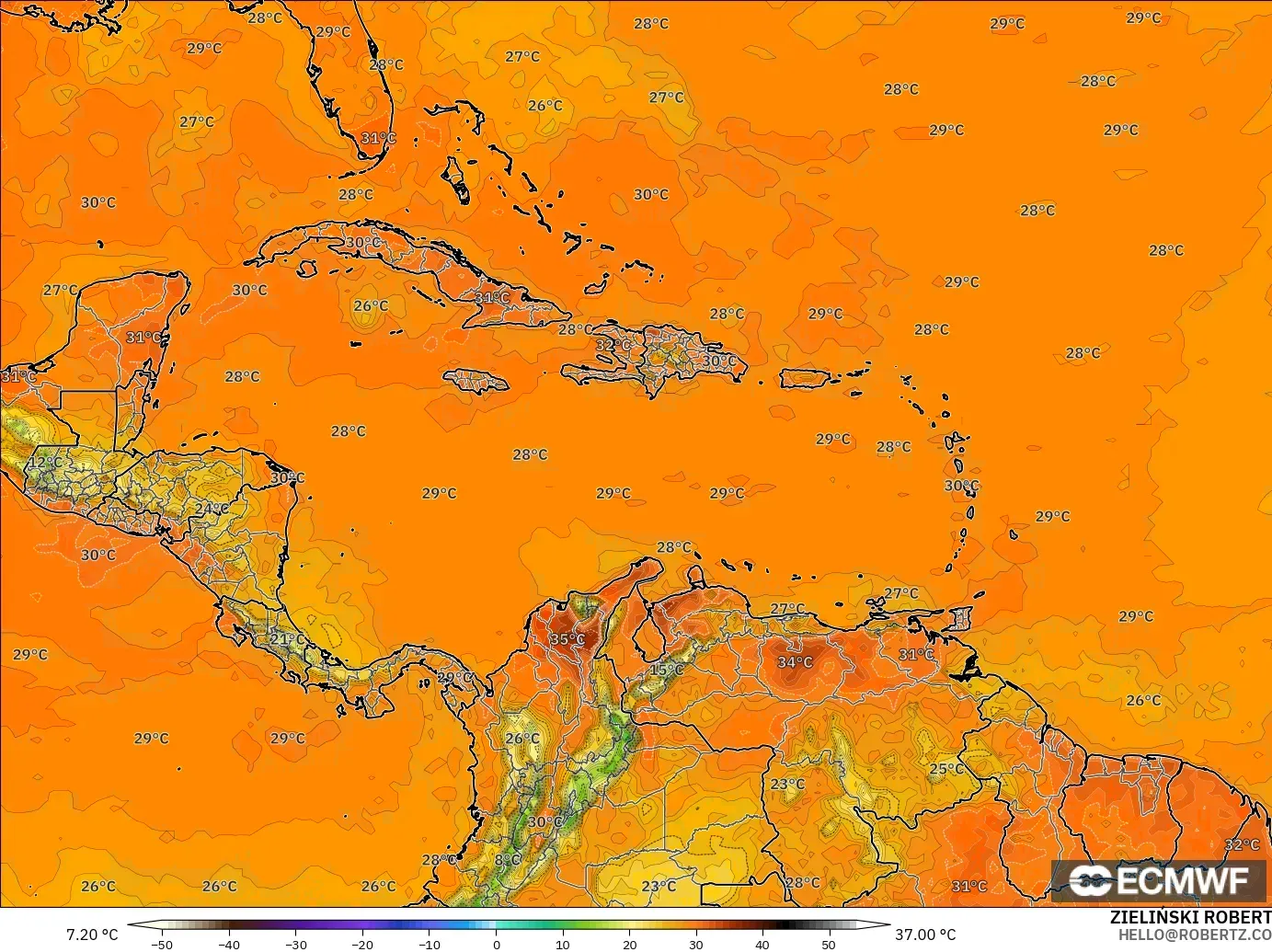 ECMWF IFS 0.25° model - Karibia, Suhu pada 2 m