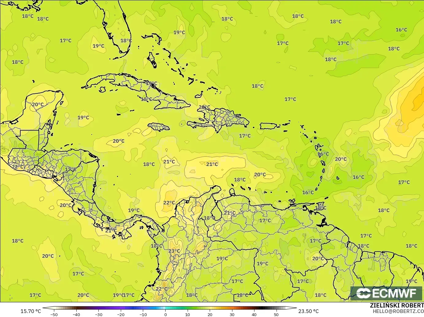 ECMWF IFS 0.25° model - Karibia, Suhu 850 hPa