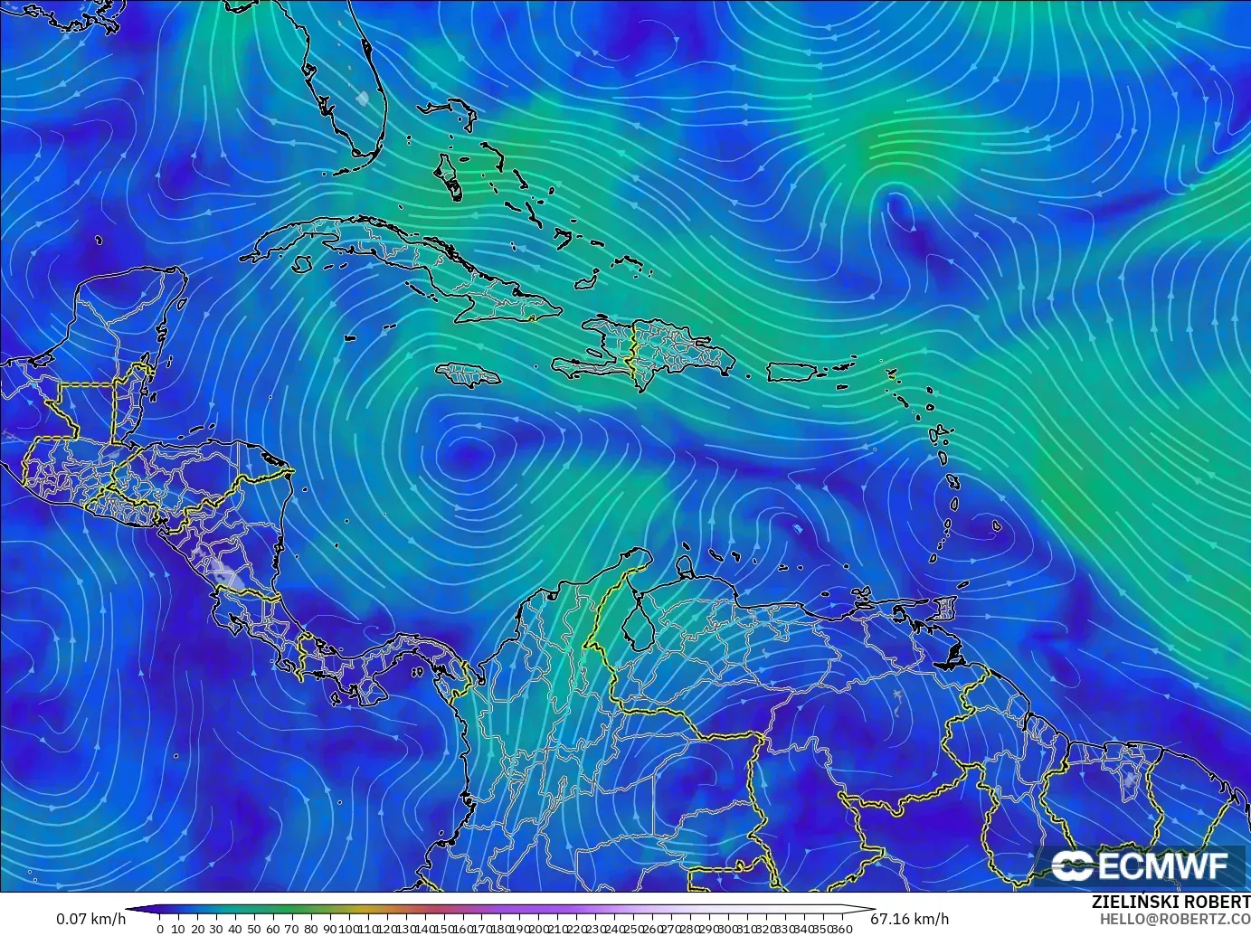 ECMWF IFS 0.25° model - Karibia, Angin 300 hPa (aliran jet)