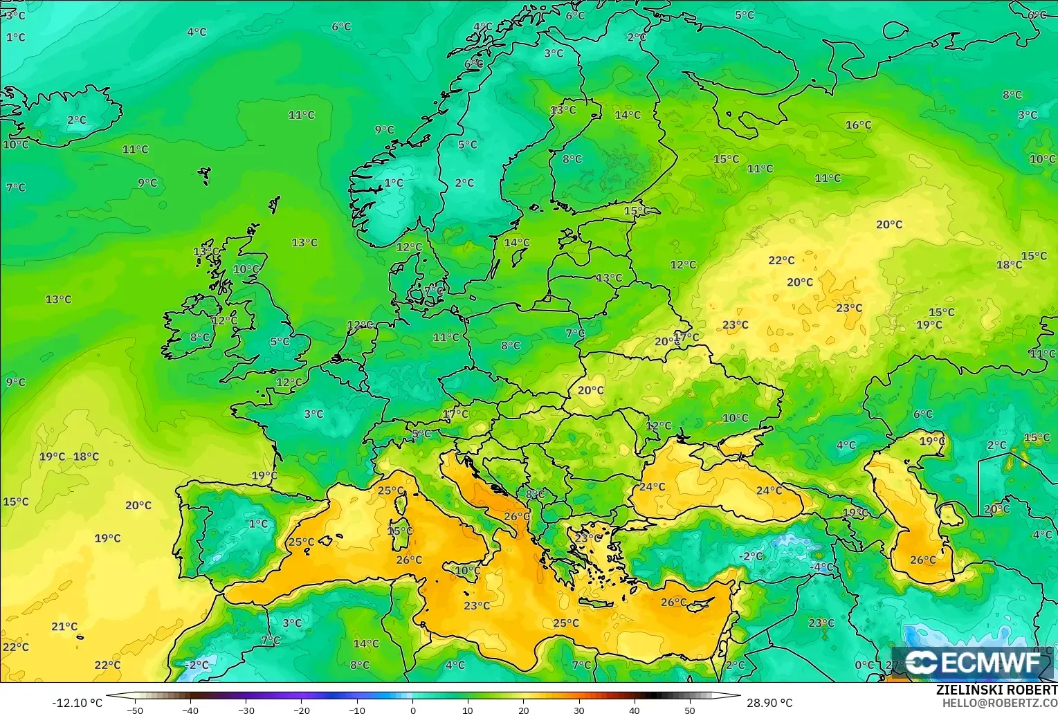 ECMWF IFS 0.25° model - Eropah, Takat Embun 2 m