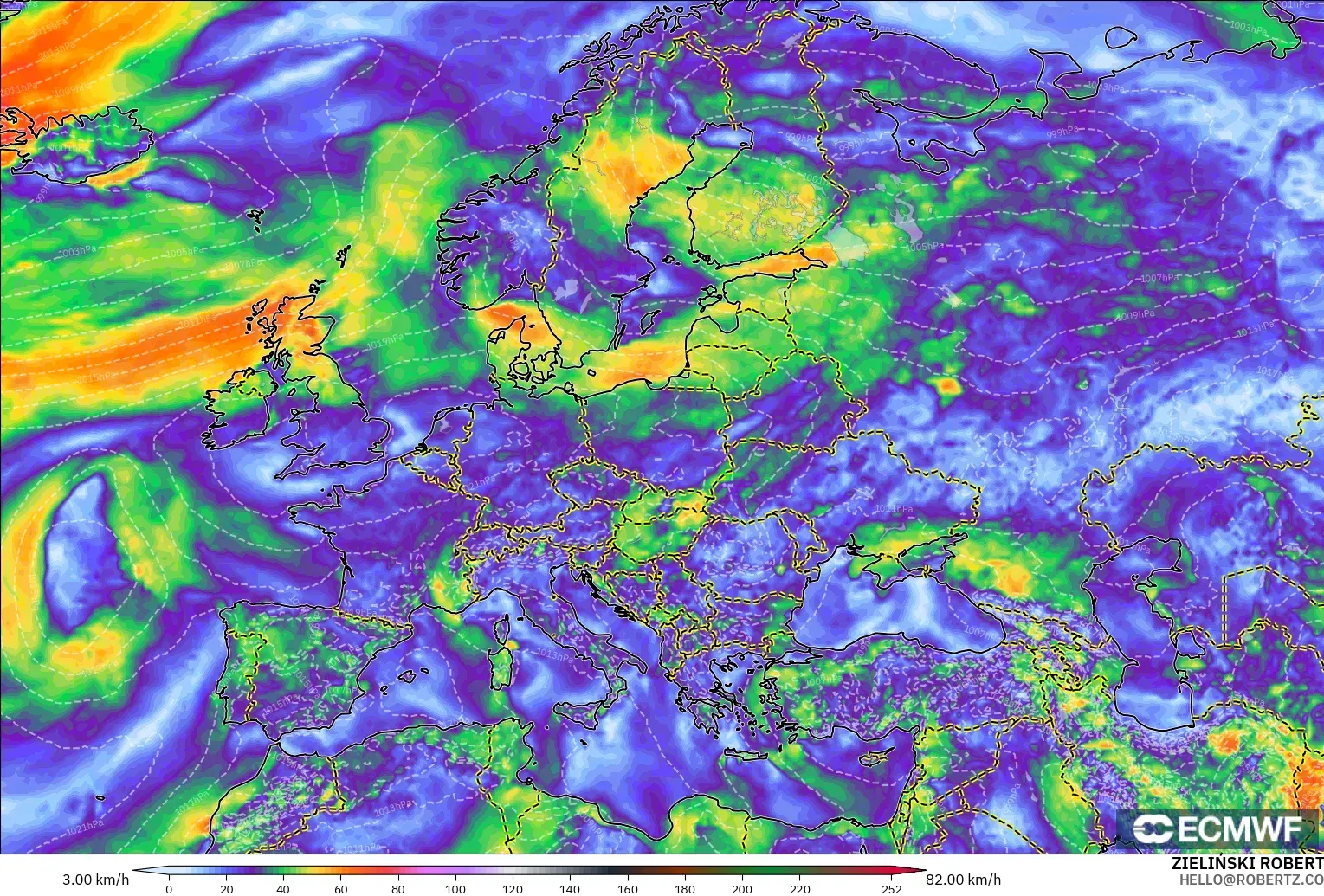 ECMWF IFS 0.25° model - Eropah, Hembusan Angin