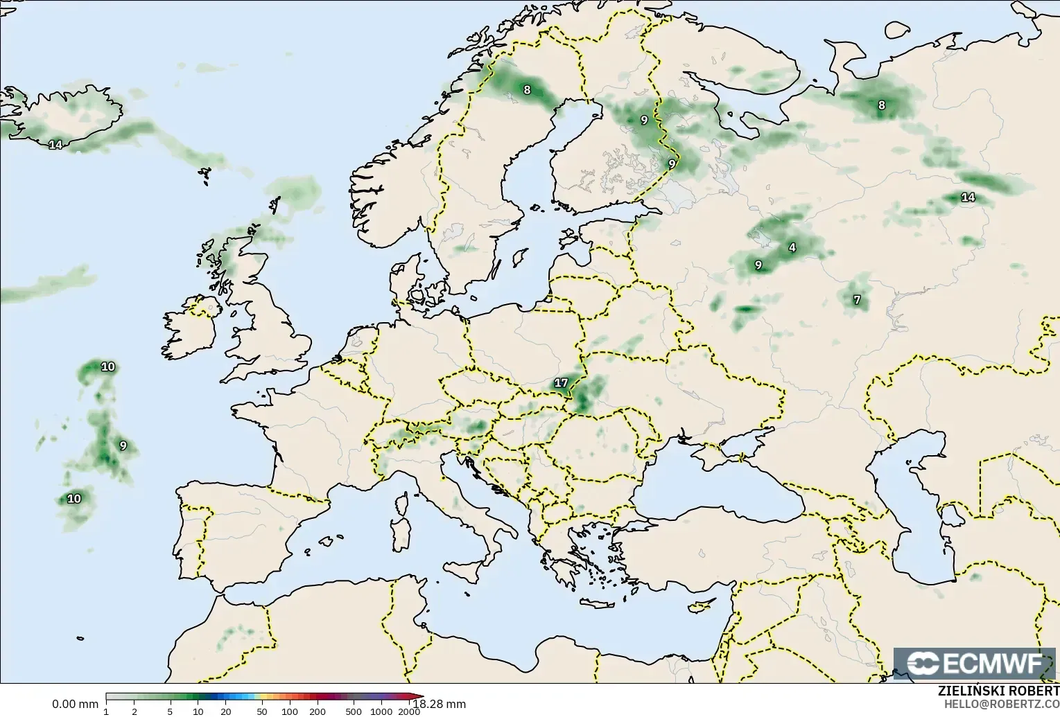 ECMWF IFS 0.25° model - Eropah, Pengumpulan Hujan