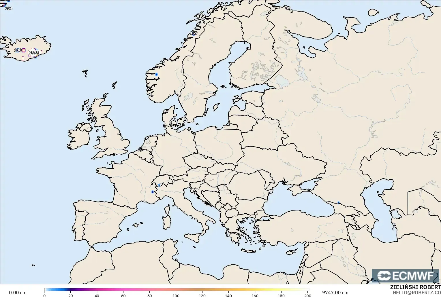 ECMWF IFS 0.25° model - Eropah, Ketebalan Salji