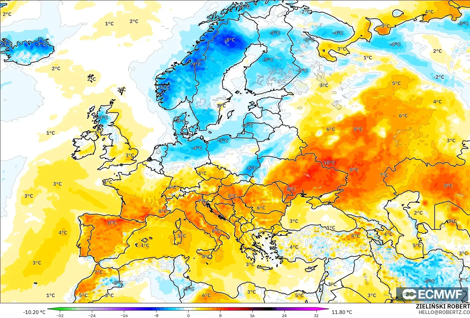 ECMWF IFS 0.25° model - Eropah, Anomali Suhu 2 m