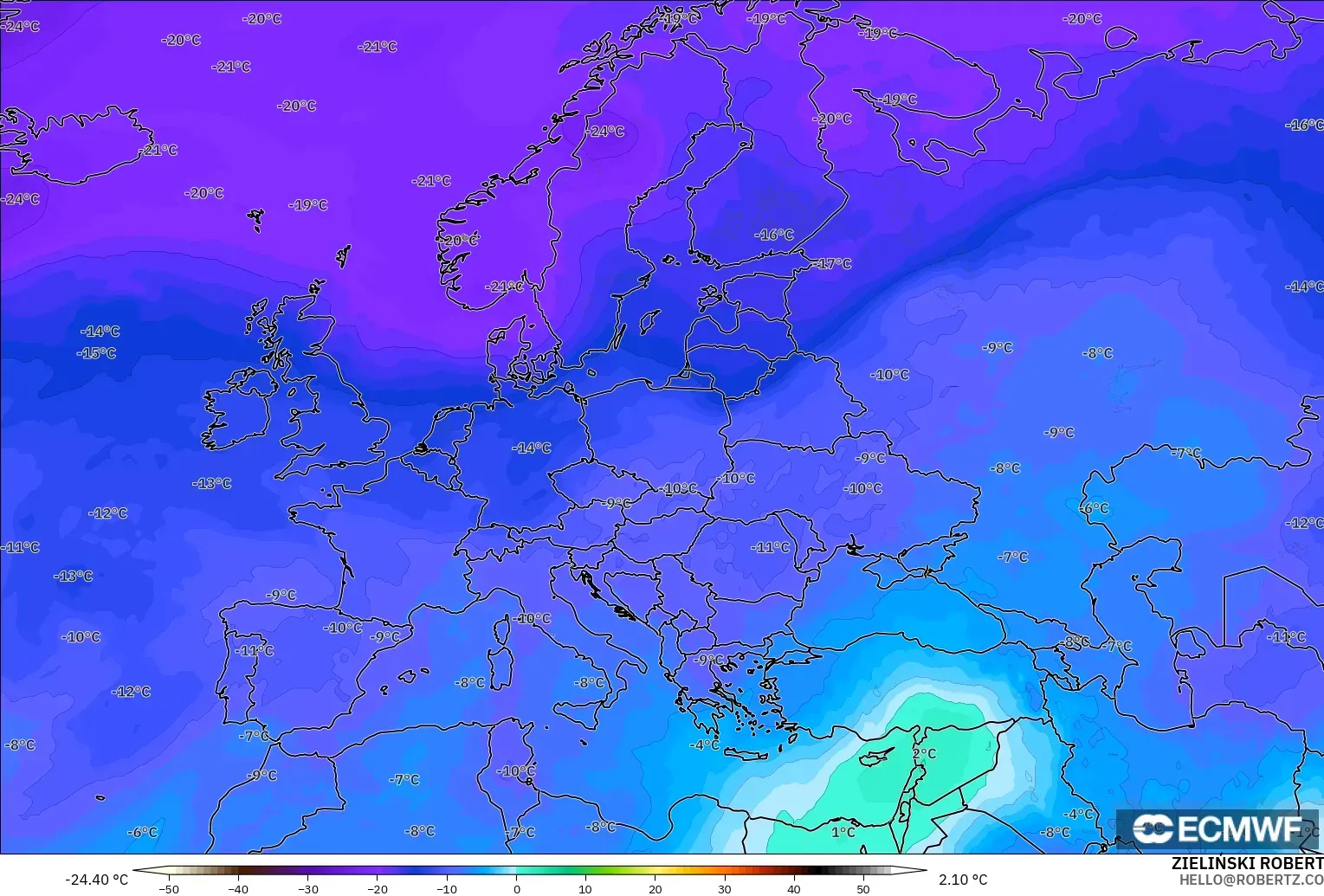 ECMWF IFS 0.25° model - Eropah, Suhu 500 hPa