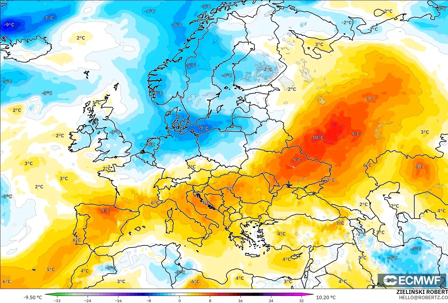 ECMWF IFS 0.25° model - Eropah, Anomali Suhu 850 hPa