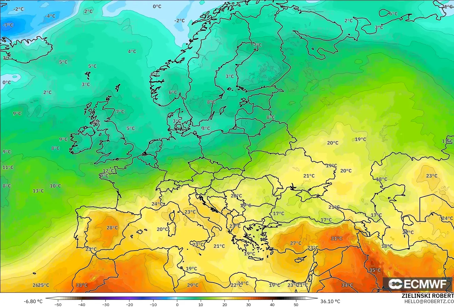 ECMWF IFS 0.25° model - Eropah, Suhu 850 hPa