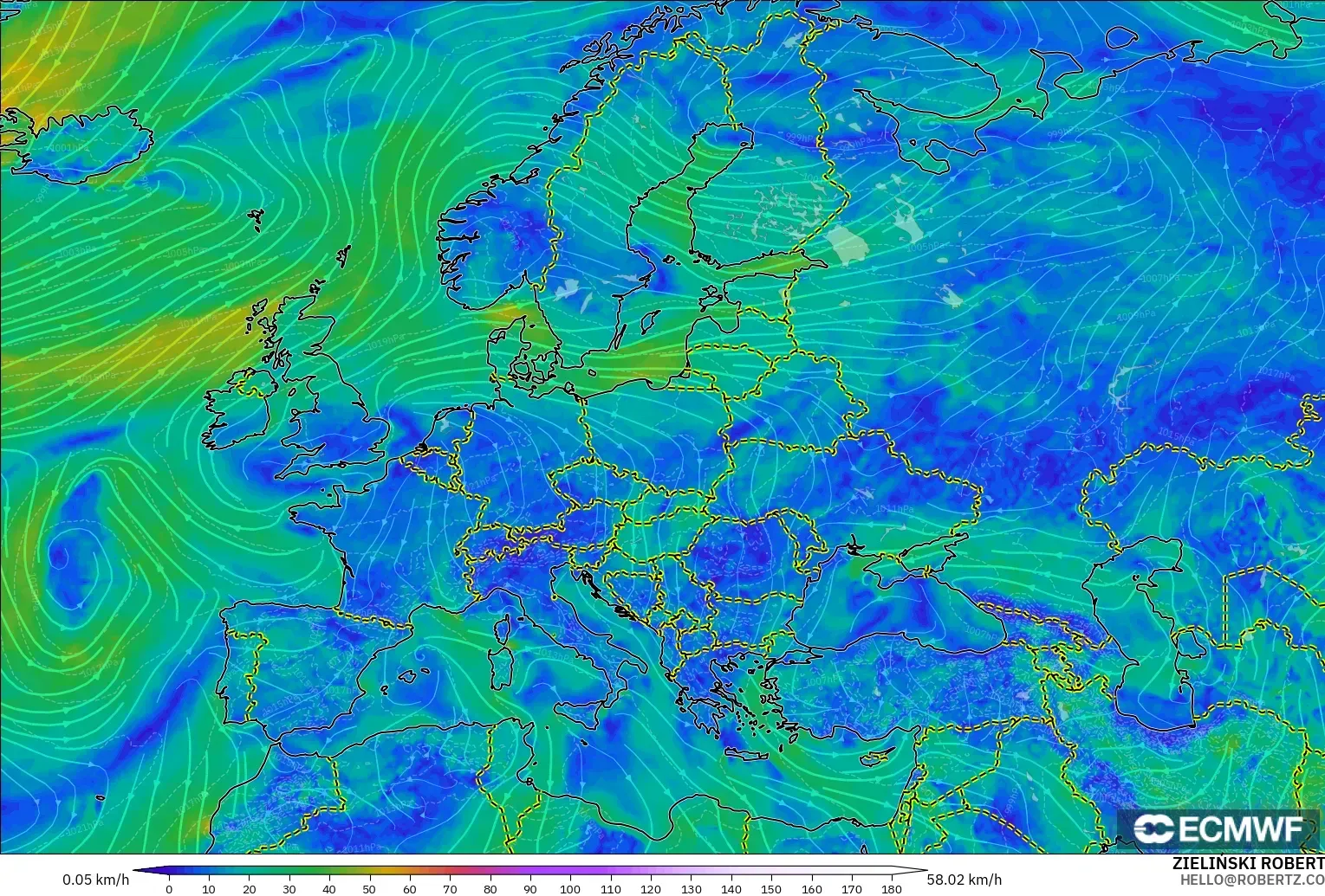 ECMWF IFS 0.25° model - Eropah, Angin 10 m