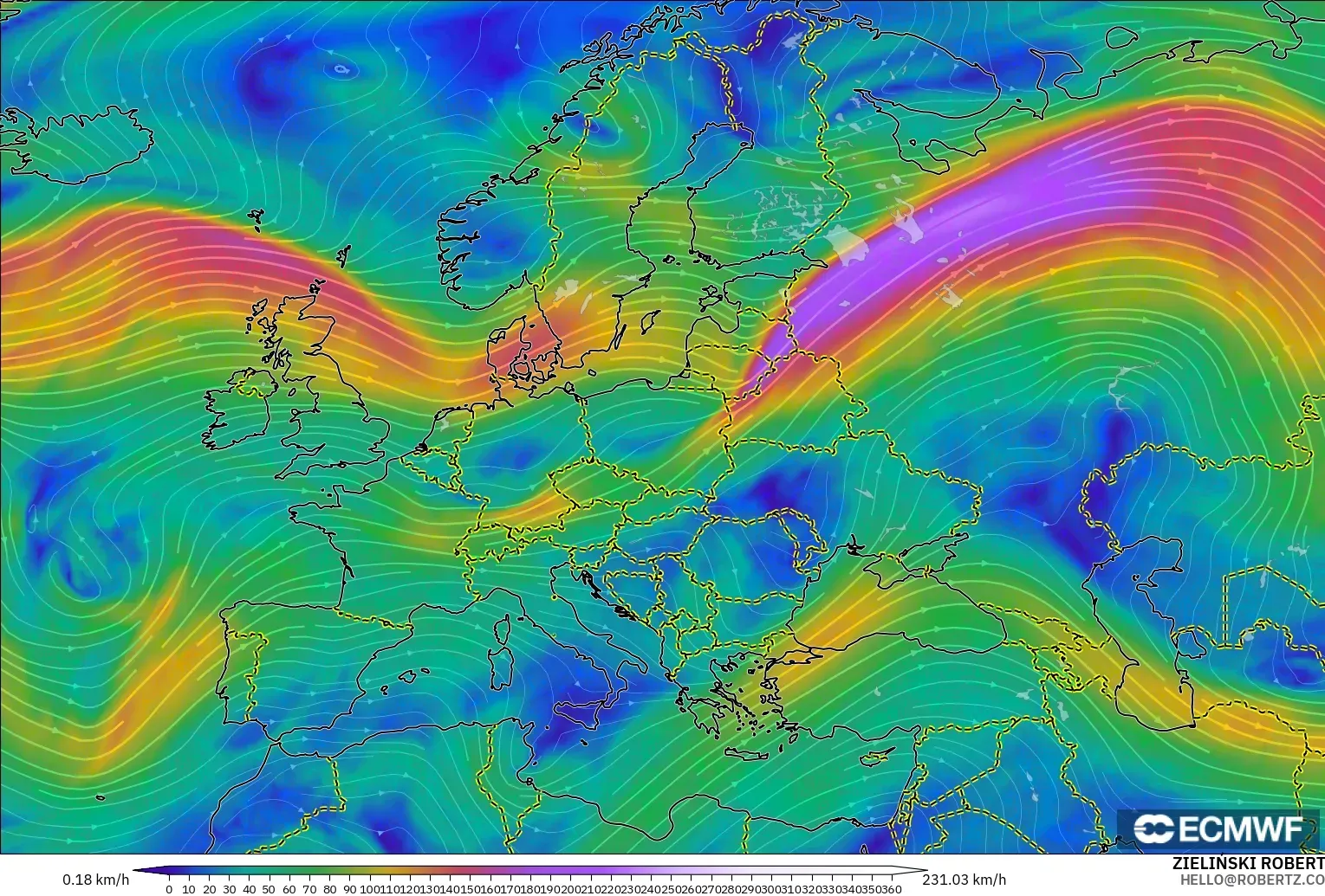 ECMWF IFS 0.25° model - Eropah, Angin 300 hPa (aliran jet)