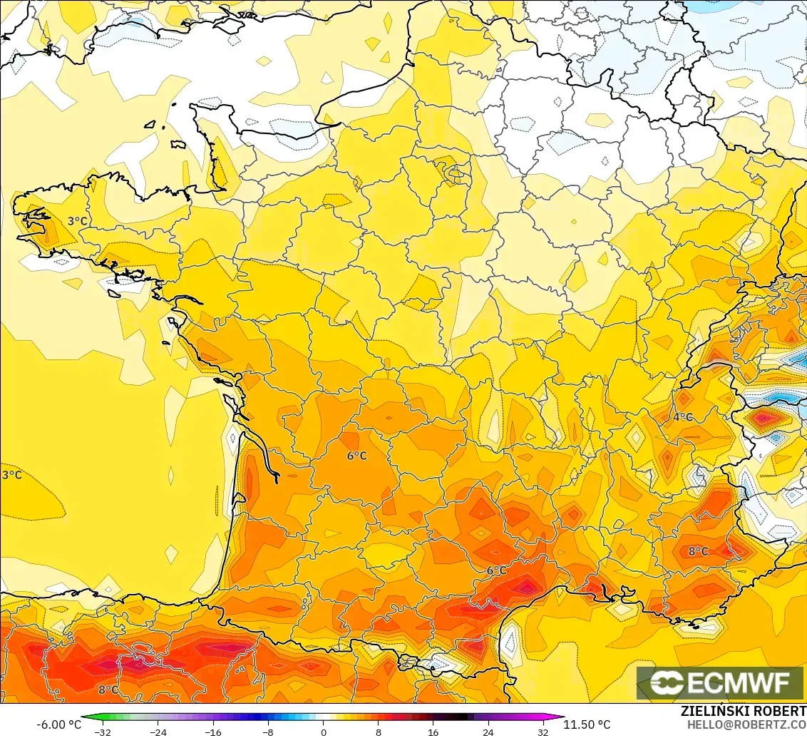 ECMWF IFS 0.25° model - Perancis, Anomali Suhu 2 m