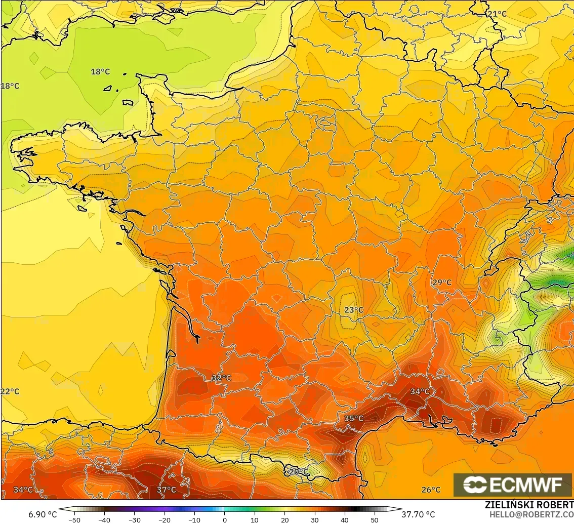 ECMWF IFS 0.25° model - Perancis, Suhu pada 2 m