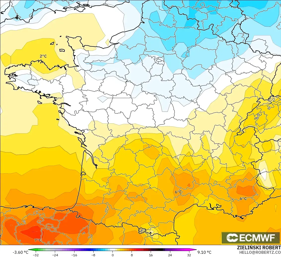 ECMWF IFS 0.25° model - Perancis, Anomali Suhu 850 hPa