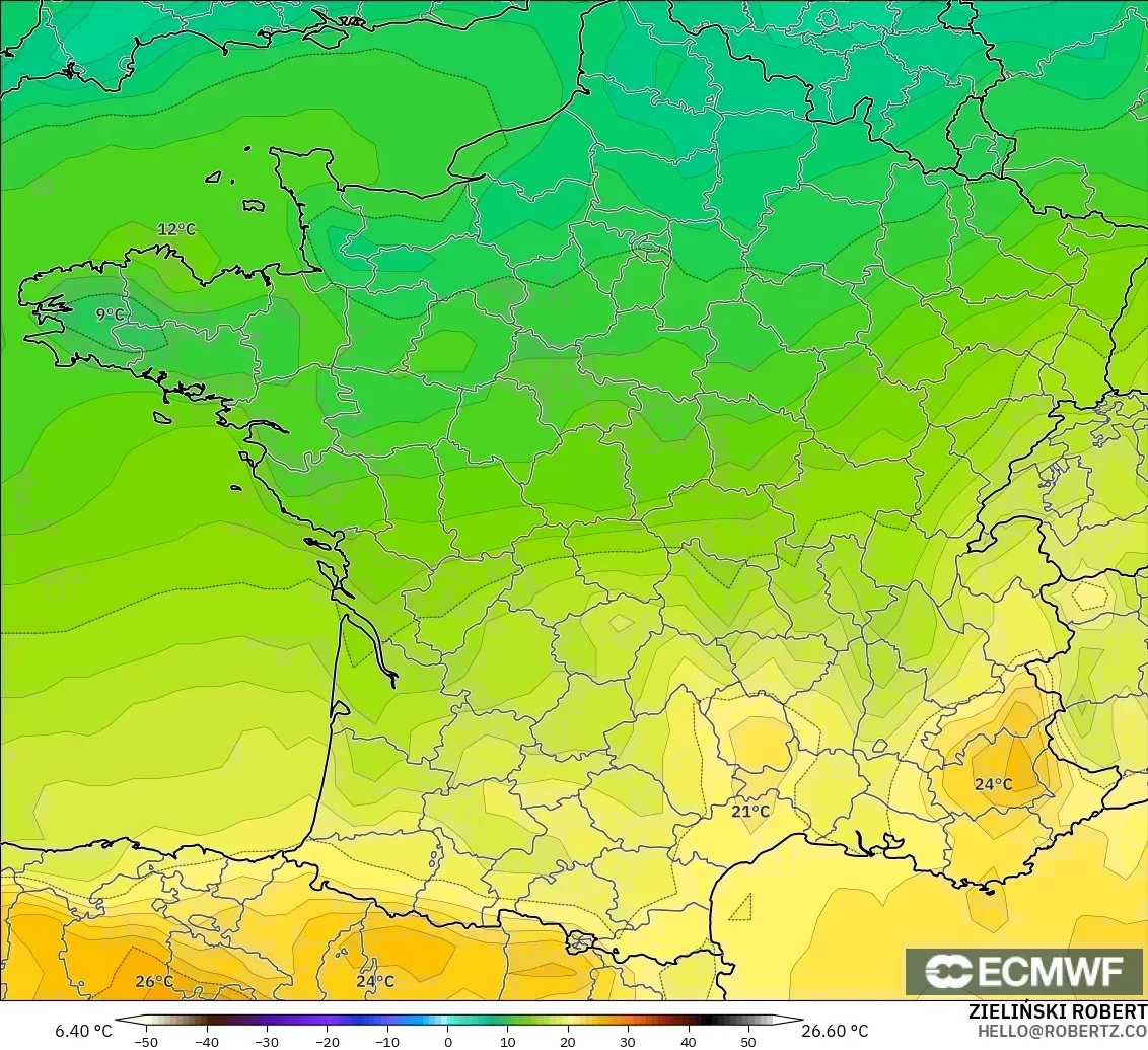 ECMWF IFS 0.25° model - Perancis, Suhu 850 hPa