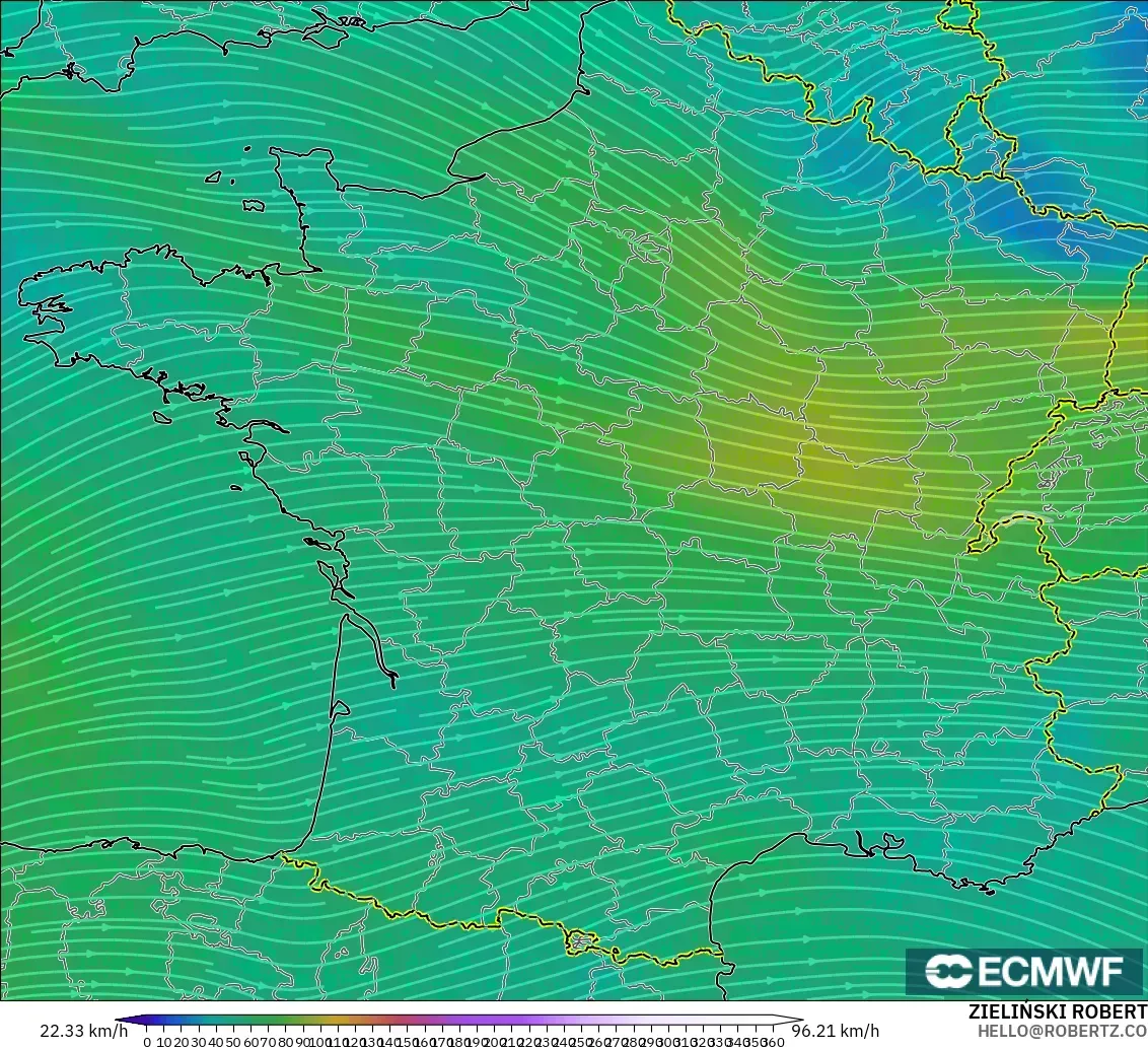 ECMWF IFS 0.25° model - Perancis, Angin 300 hPa (aliran jet)