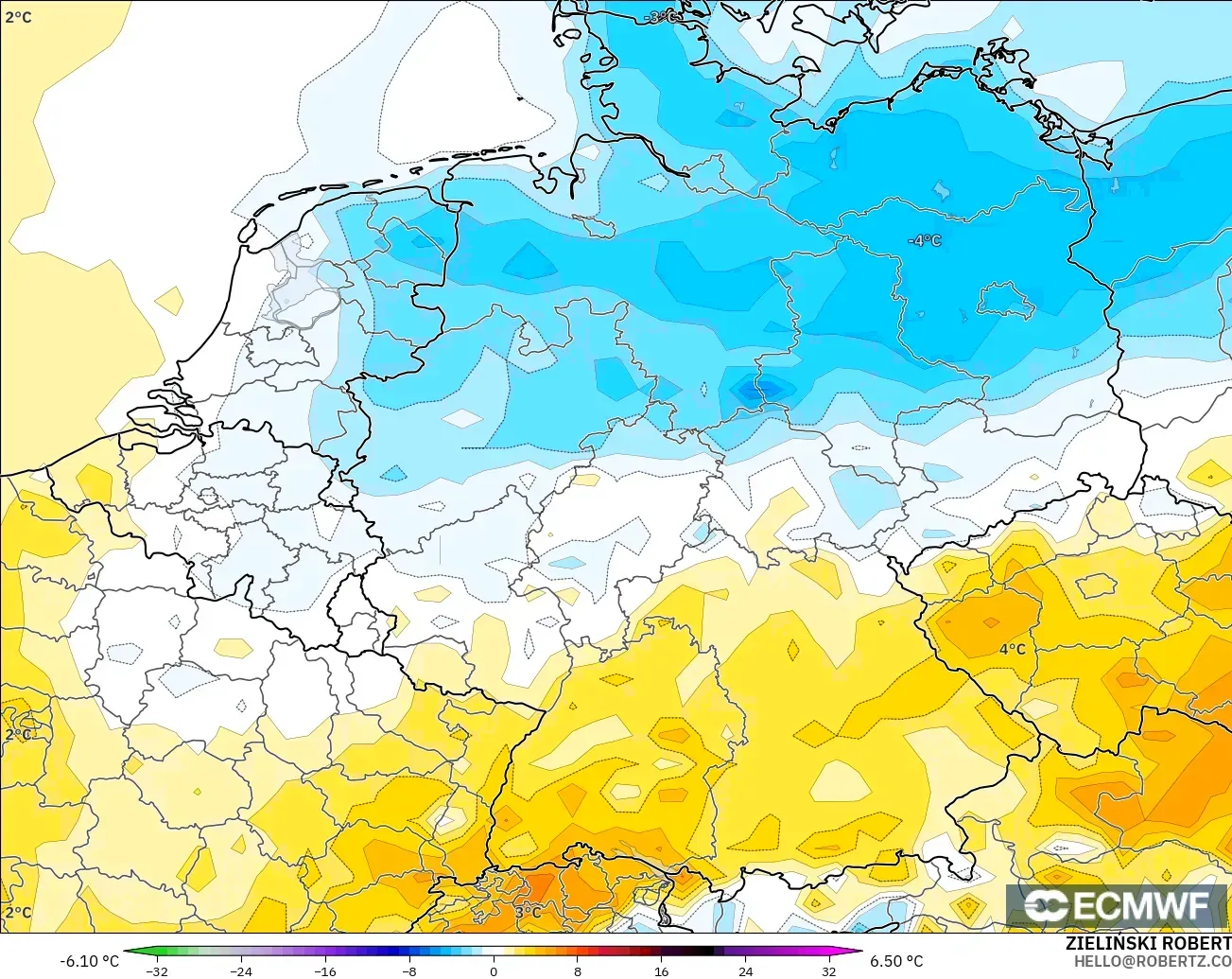 ECMWF IFS 0.25° model - Jerman, Anomali Suhu 2 m