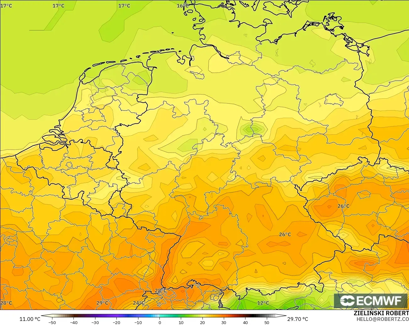 ECMWF IFS 0.25° model - Jerman, Suhu pada 2 m