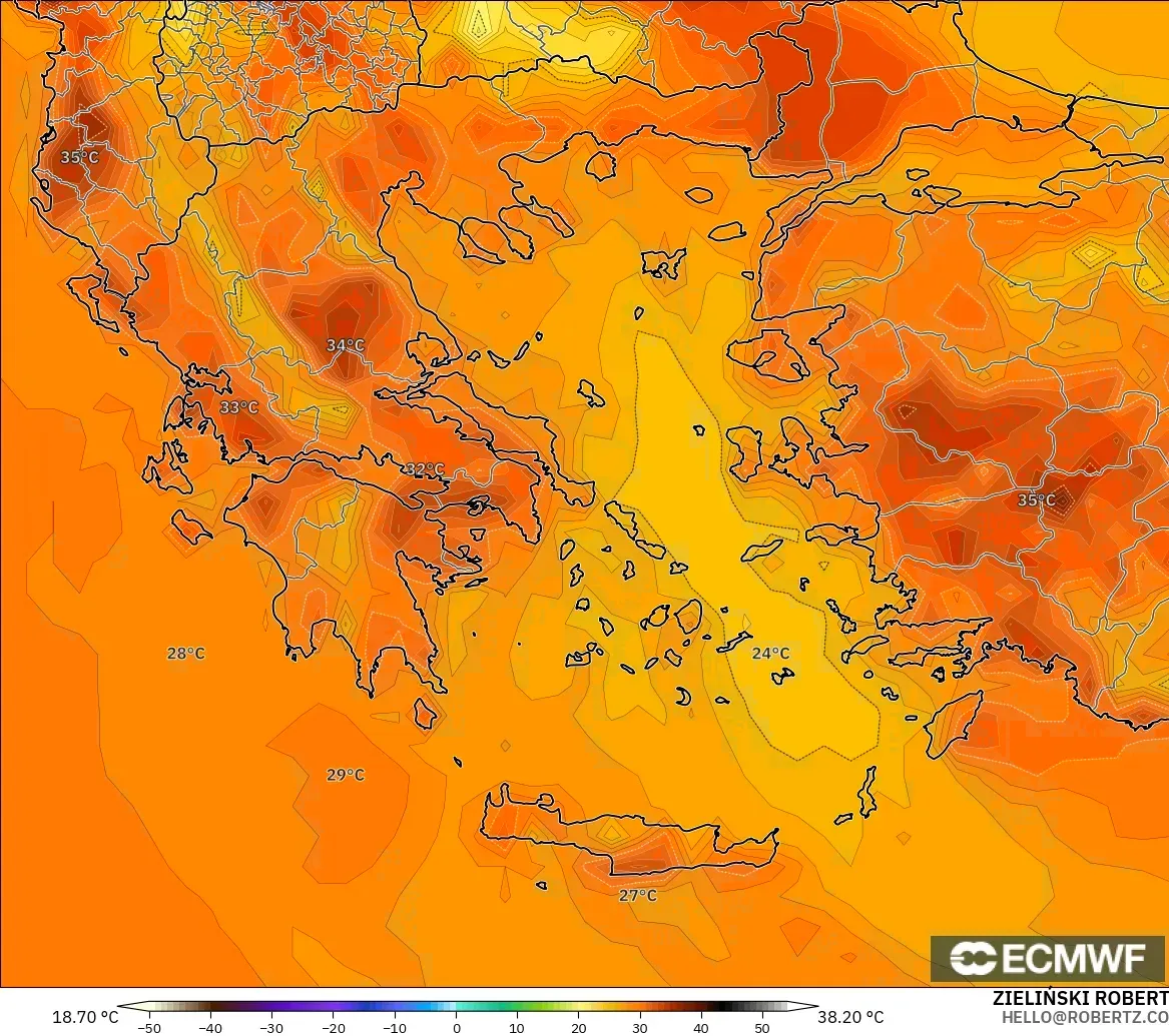 ECMWF IFS 0.25° model - Yunani, Suhu pada 2 m