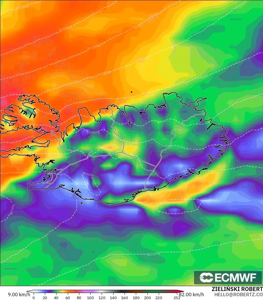 ECMWF IFS 0.25° model - Iceland, Hembusan Tertinggi